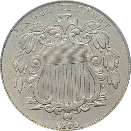 Two Shield Nickels. PCGS AU-55.