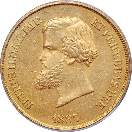 1887 Brazil 10,000 Ries Gold. PCGS MS-62.