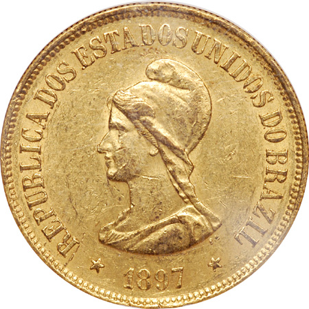 1897 Brazil 20,000 Ries Gold NGC MS-60.