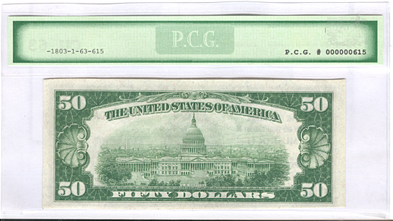 1929 $50.00. Muskogee, OK Ty. 1. PCG (not PCGS) CU-63.