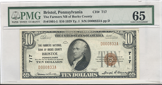 1929 $10.00. Bristol, PA Ty. 1. PMG GemCU-65.