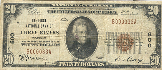 1929 $20.00. Three Rivers, Michigan Ty. 1. F.