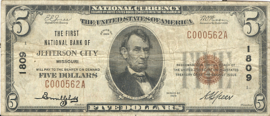 1929 $5.00. Jefferson City, MO Ty. 1. F.