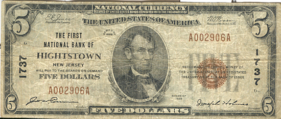 1929 $5.00. Hightstown, NJ Ty. 1. F.