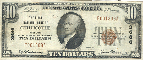 1929 $10.00. Chillicothe, MO Ty. 1. XF.