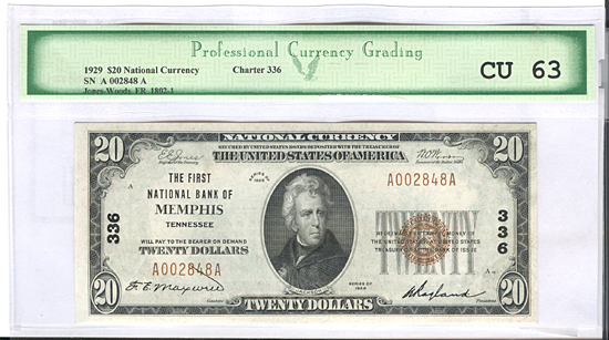 1929 $20.00. Memphis, TN Ty. 1. PCG (not PCGS) CHCU-63.