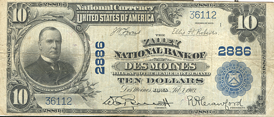 1902 $10.00. Des Moines, IA Blue Seal. VF.
