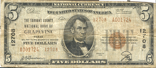 1929 $5.00. Grapevine, TX Ty. 2. F.