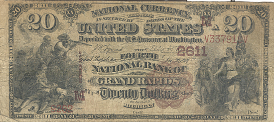 1882 $20.00. Grand Rapids, MI Brown Back. F.