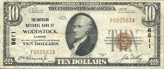 1929 $10.00. Woodstock, IL Ty. 1. VF.