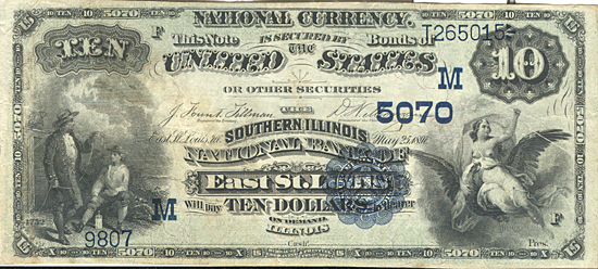 1882 $10.00. East St. Louis, IL Date Back. XF.