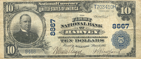 1902 $10.00. Harvey, IL Blue Seal. VF.