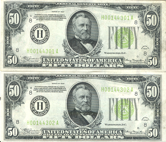 Two Sequential 1934 $50.00 St. Louis. CHCU.