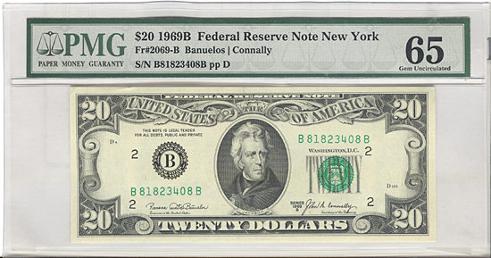 1969-B $20.00 New York. GemCU-65.