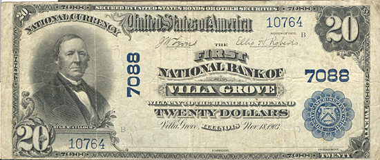 1902 $20.00. Villa Grove, IL Blue Seal. VF.