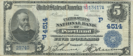 1902 $5.00. Portland, OR Date Back Blue Seal. F+.