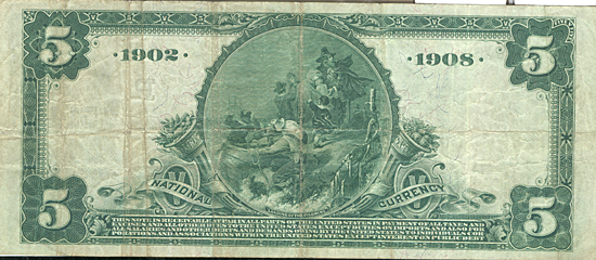 1902 $5.00. Portland, OR Date Back Blue Seal. F+.