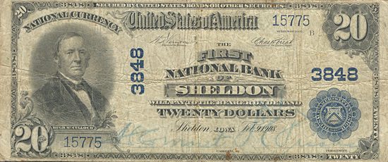 1902 $20.00. Sheldon, IA Blue Seal. F.