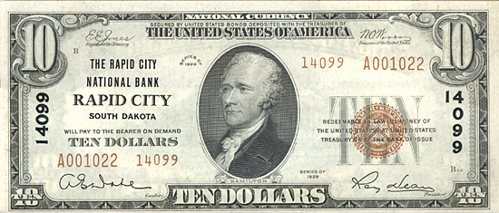 1929 $10.00. Rapid City, SD Ty. 2. CHCU.