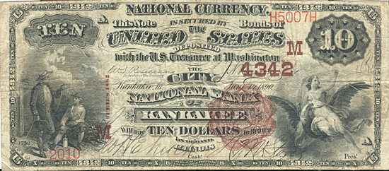 1882 $10.00. Kankakee, IL Brown Back. F.