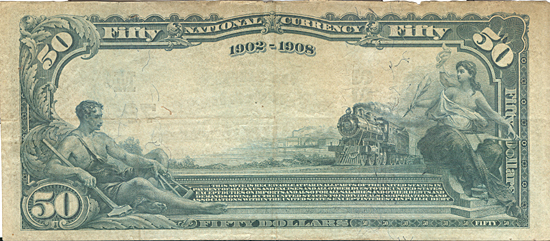 1902 $50.00. Terre Haute, IN Date Back Blue Seal. VF.