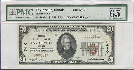 1929 $10.00. Taylorville, IL Ty. 1. PMG GemCU-65.