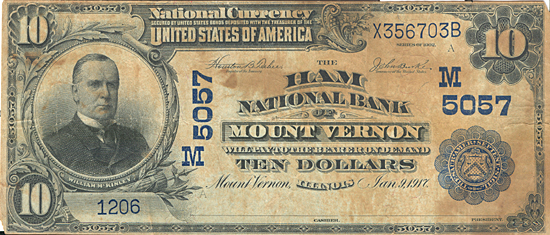 1902 $10.00. Mount Vernon, IL Blue Seal. VG.