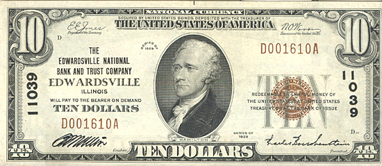 1929 $10.00. Edwardsville, IL Ty. 1. AU.