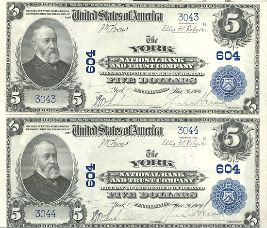 Two Sequential 1902 $5.00. York, PA Blue Seal. CHCU.