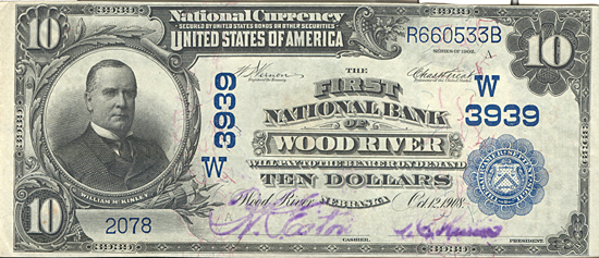 1902 $10.00. Wood River, NE Blue Seal. AU.