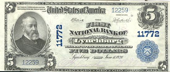 1902 $5.00. Lynchburg, OH Blue Seal. CHCU.