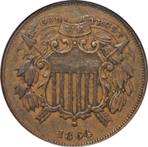 1864 Small Motto. NGC AU-53 BN.