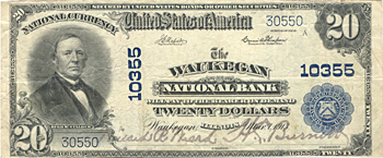 1902 $20.00. Waukegan, IL Blue Seal. VF.