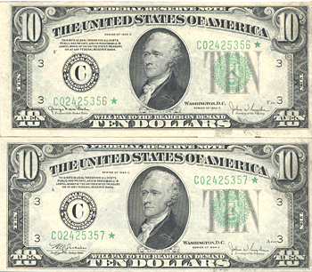 Two Sequential 1934-D $10.00 Philadelphia Star Notes. CHCU.