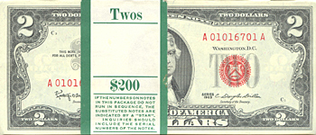 Pack of 1963 $2.00 Legal Tender Notes. CHCU.