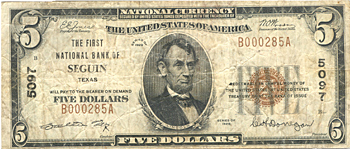 1929 $5.00. TX, Seguin Ty. 1. F.