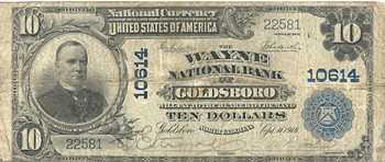 1902 $10.00. Goldsboro, NC Blue Seal. VG+.