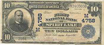 1902 $10.00. Spirit Lake, Iowa Blue Seal. VF.