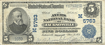 1902 $5.00. Jacksonville, IL Blue Seal. VF.