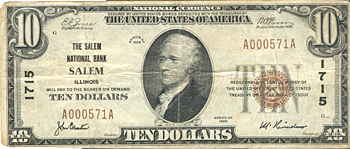 1929 $10.00. Salem, IL Ty. 1. F.