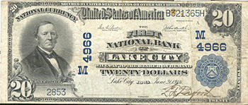 1902 $20.00. Lake City, IA Blue Seal. F.