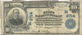 1902 $10.00. Ann Arbor, MI Blue Seal. VG.