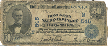 1902 $50.00. Boston, MA Date Back Blue Seal. About Good.