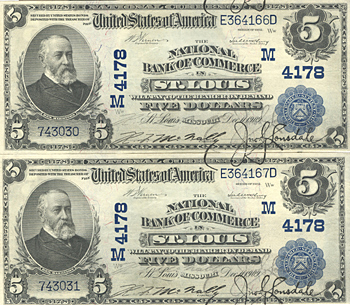 Two Sequential 1902 $5.00. Saint Louis, MO Blue Seal. AU.