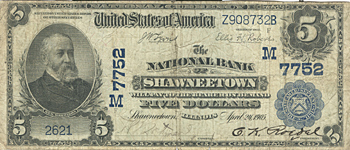 1902 $5.00. Shawneetown, IL Blue Seal. F.