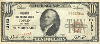 1929 $10.00. Joplin, MO Ty. 1. F.