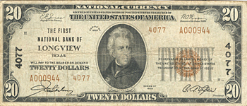 1929 $20.00. Longview, TX Ty. 2. F.