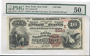 1882 $10.00. New York, NY Brown Back. PMG AU-50.