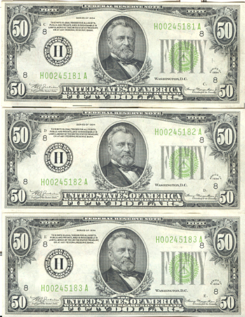 Three 1934 $50.00 St. Louis. GemCU.