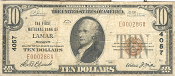 1929 $10.00. Lamar, MO Ty. 1. F.